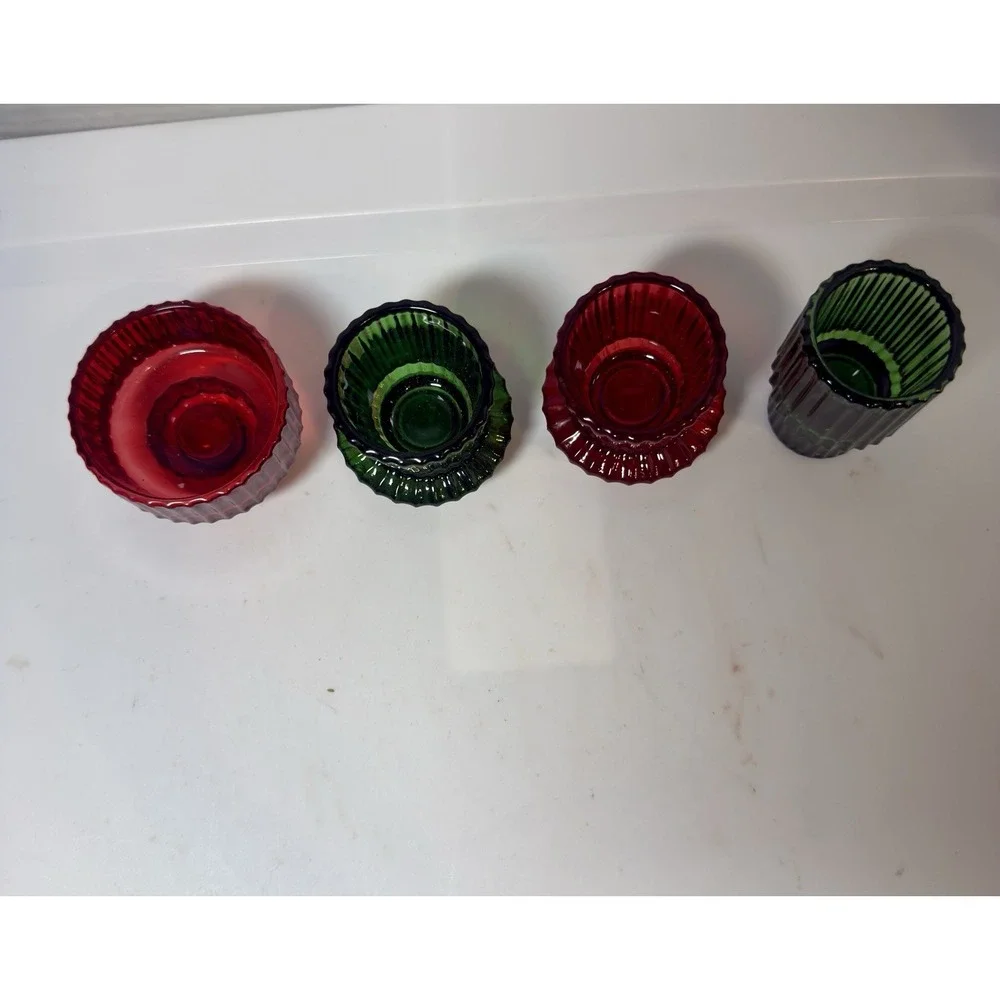 4 Candle (Taper or Votive) Or Toothpick Holders Glass Green & Red Christmas